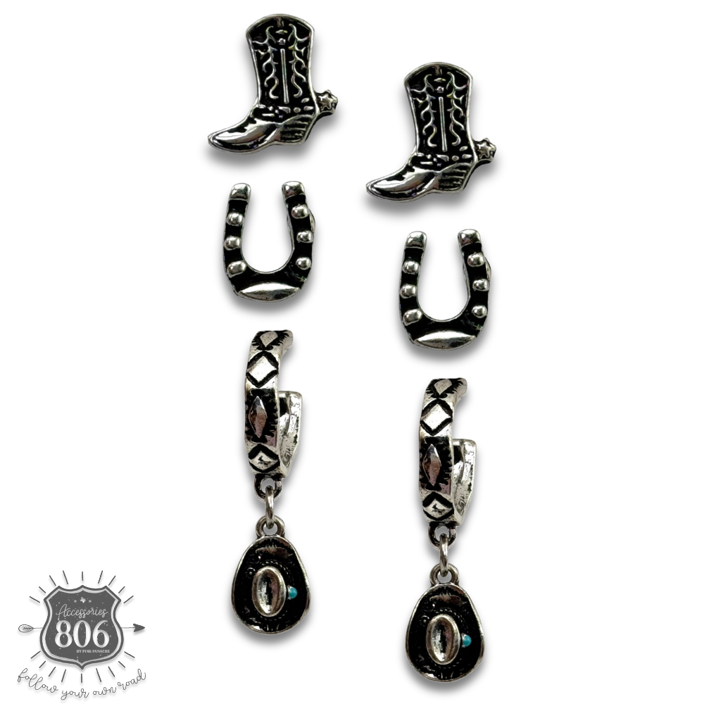 Western Charm Earring Set – Boots, Horseshoes & Cowboy Hats