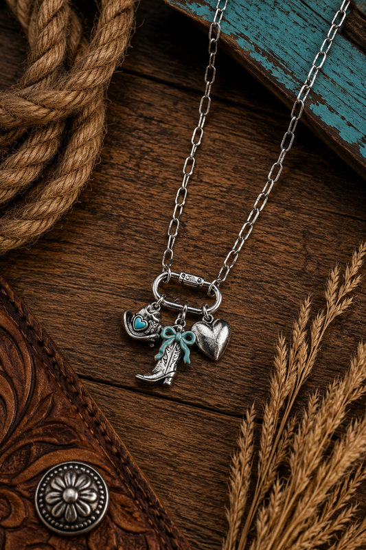 Western Cowgirl Charm Necklace – Boot, Hat & Heart