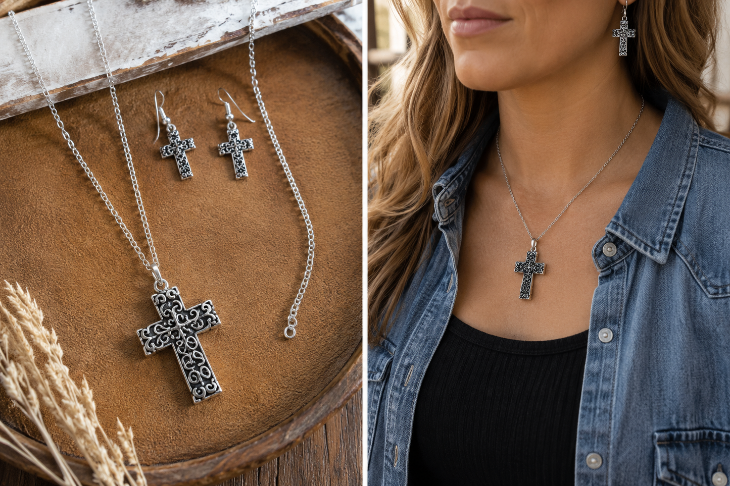 Antique Silver Western Cross Necklace & Earring Set