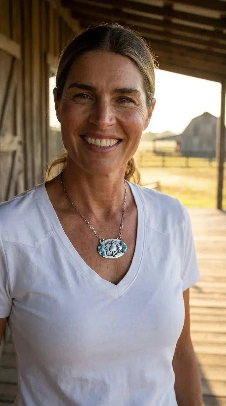 Western Spade Pendant Necklace with Faux Turquoise — 18 Inch Silver-Tone Statement