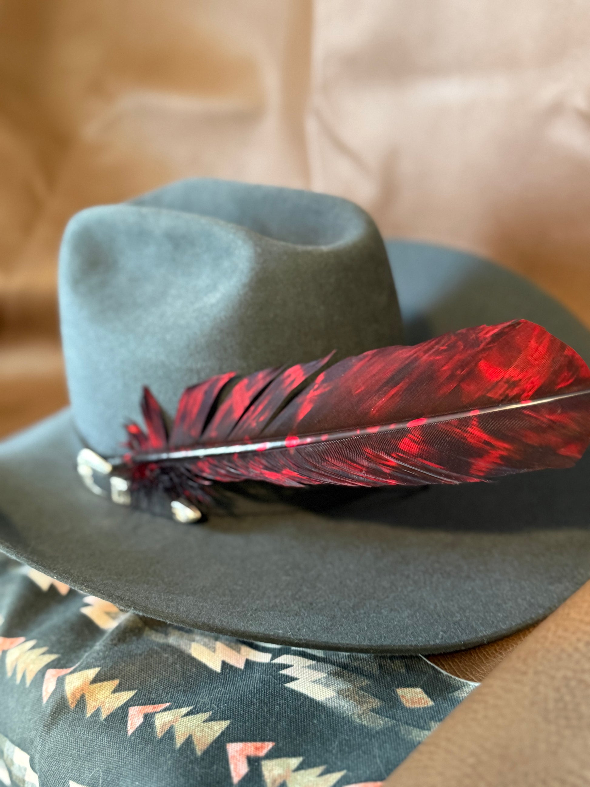 A dark gray felt cowboy hat with a vibrant red and black patterned feather and small silver buckles, resting on a patterned textile against a tan background.