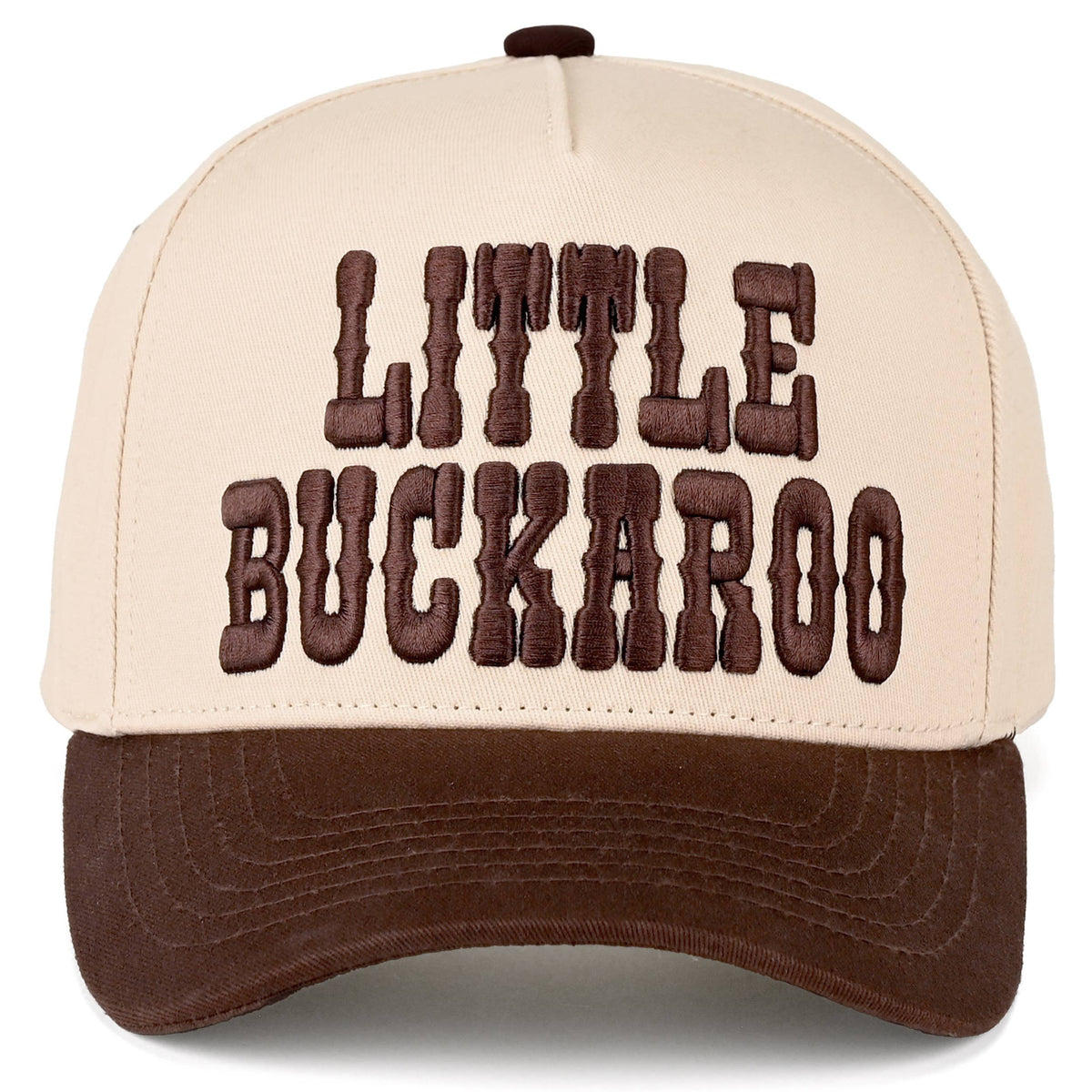 Little Buckaroo kids’ snapback hat with cream crown, brown brim and embroidered lettering