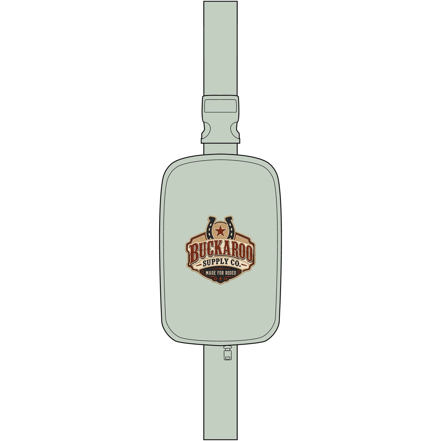 A sage green sling bag pouch with a central logo for Buckaroo Supply Co. on a plain white background.