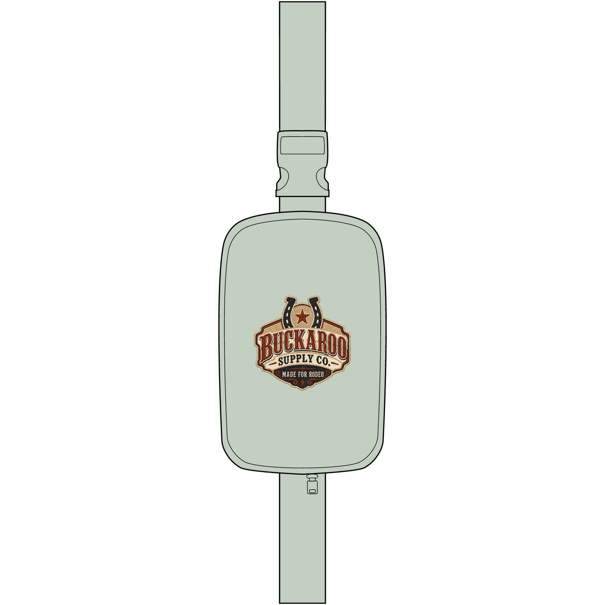 A sage green sling bag pouch with a central logo for Buckaroo Supply Co. on a plain white background.