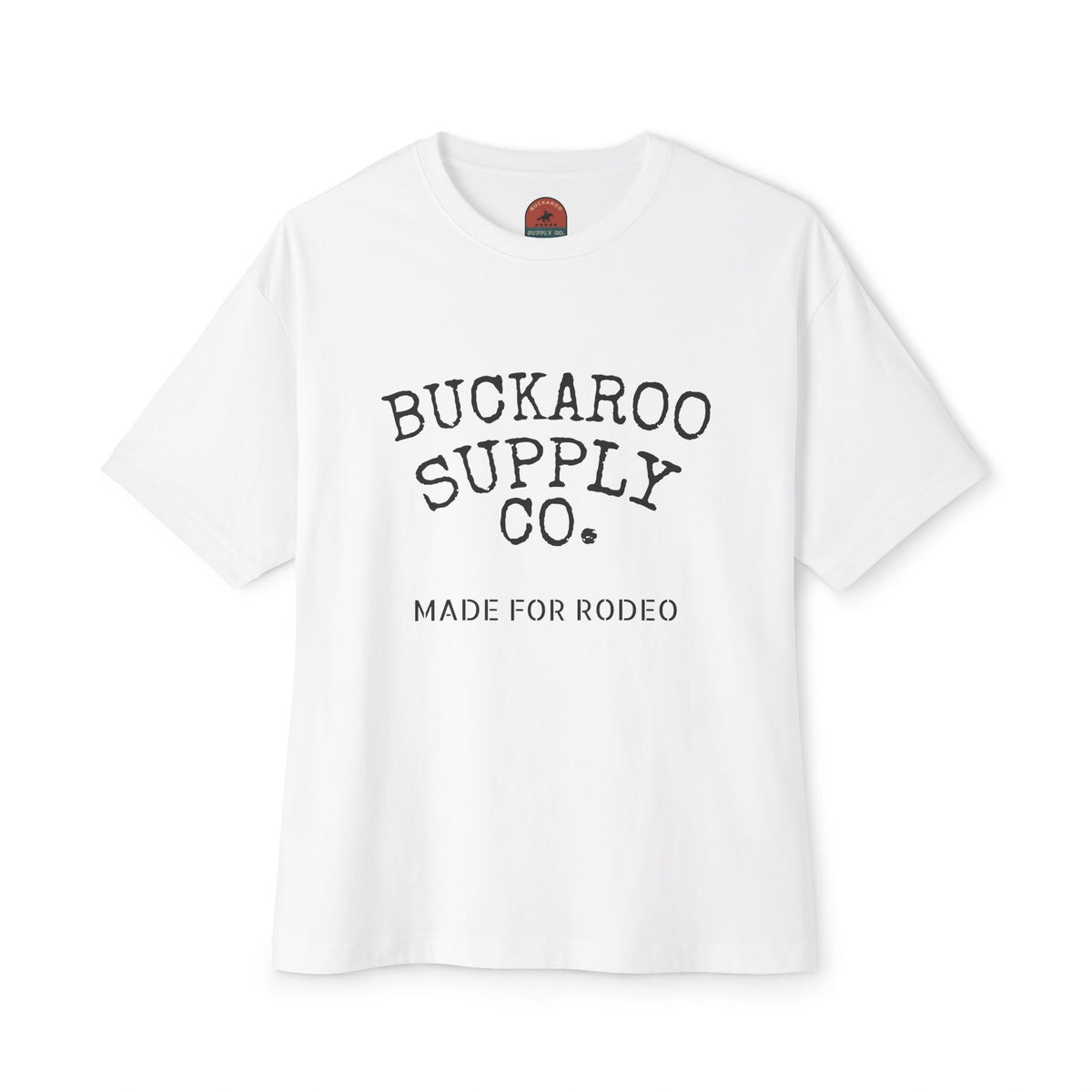 A white short-sleeve crewneck t-shirt with 'BUCKAROO SUPPLY CO.' and 'MADE FOR RODEO' printed in black on the front, displayed on a clean white background.