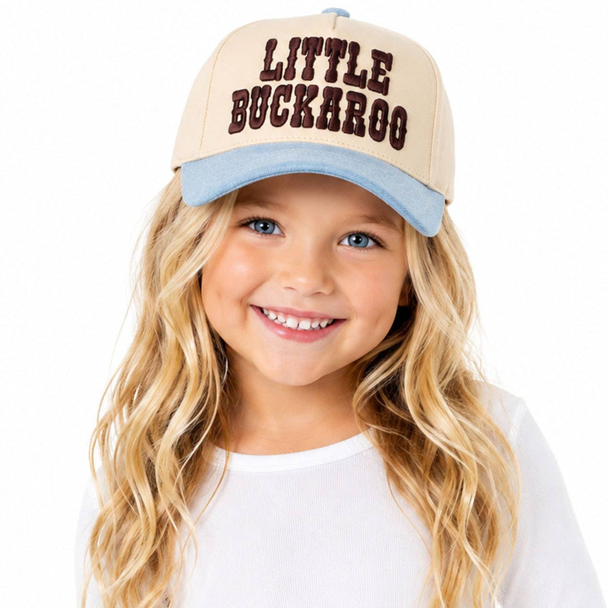 Child wearing the Light Denim Little Buckaroo embroidered snapback hat
