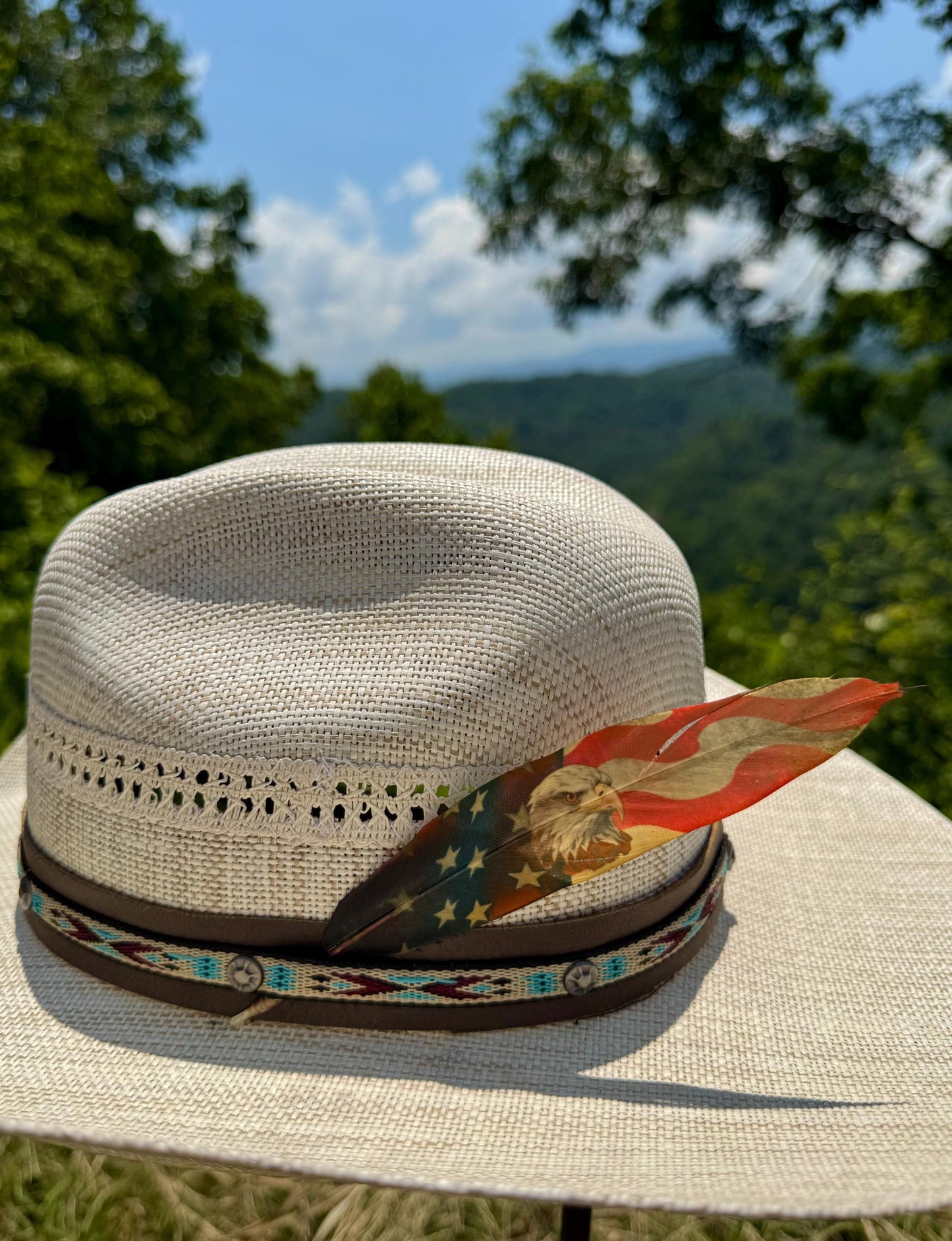 Handcrafted patriotic Western hat feather by Buckaroo Supply Co.