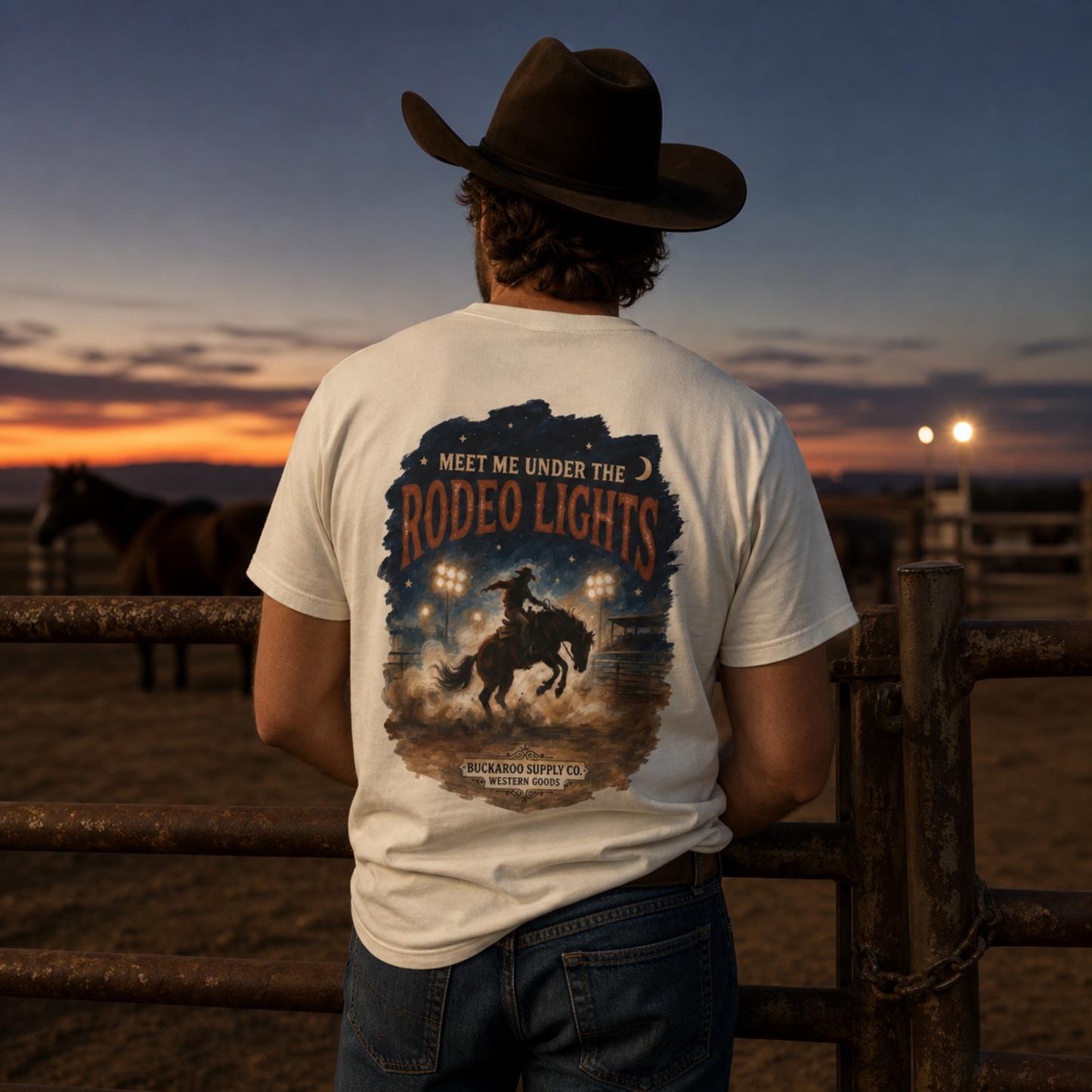Rodeo Lights Graphic T-Shirt | Cowboy Bucking Horse Tee
