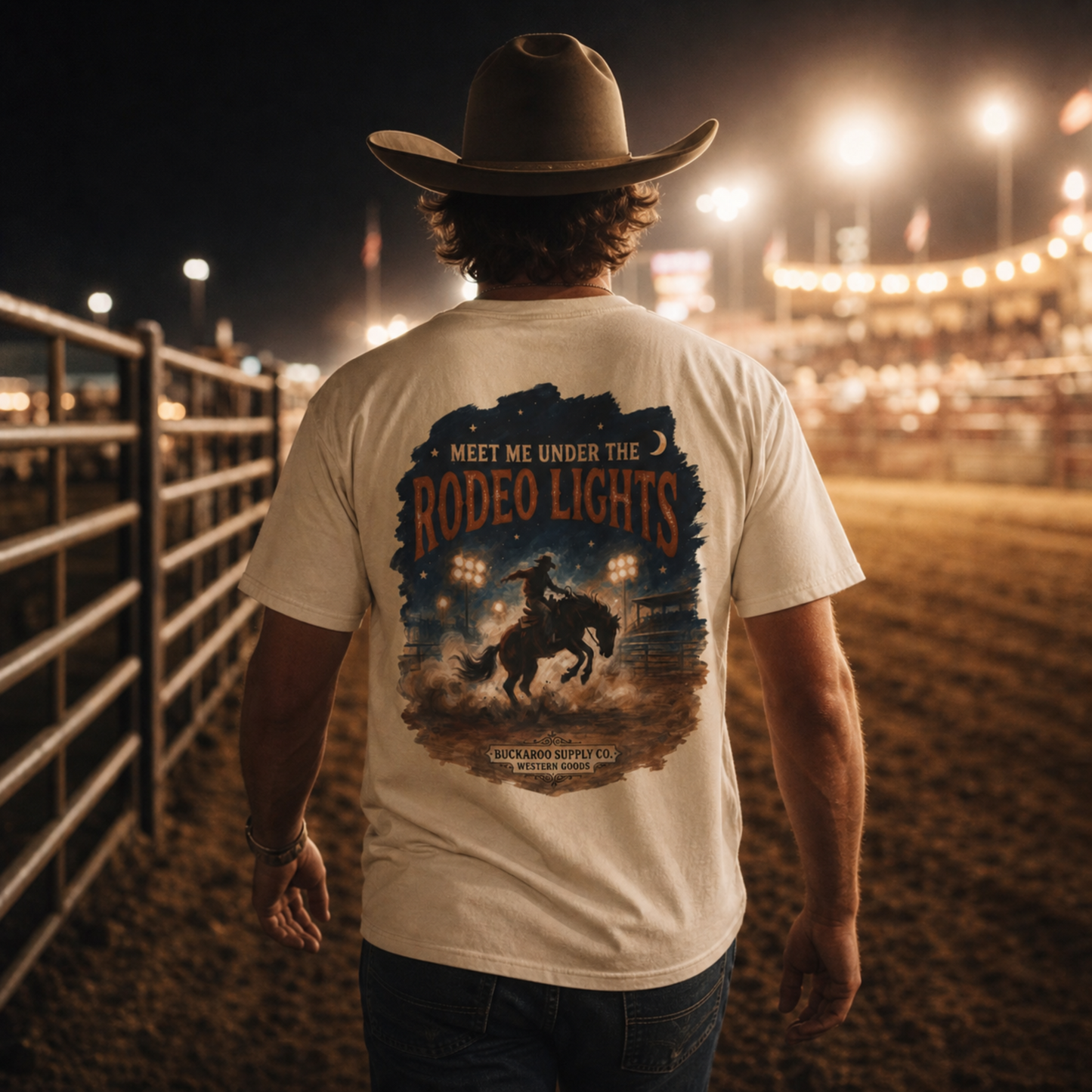 Rodeo Lights Graphic T-Shirt | Cowboy Bucking Horse Tee