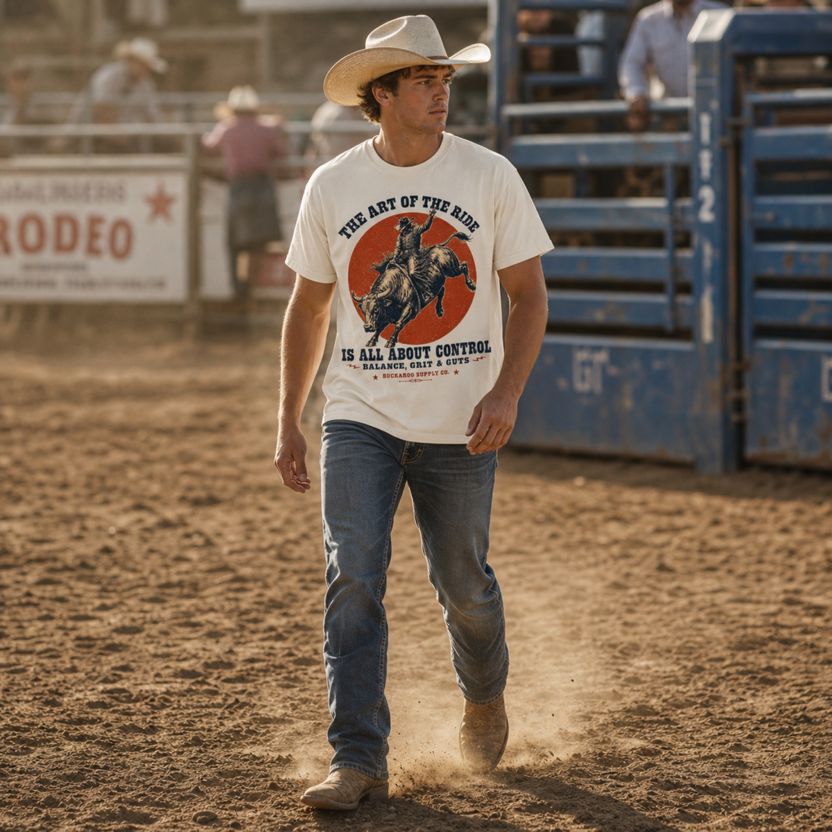 Cowboy wearing The Art of the Ride bull rider Western T-shirt at a rodeo arena