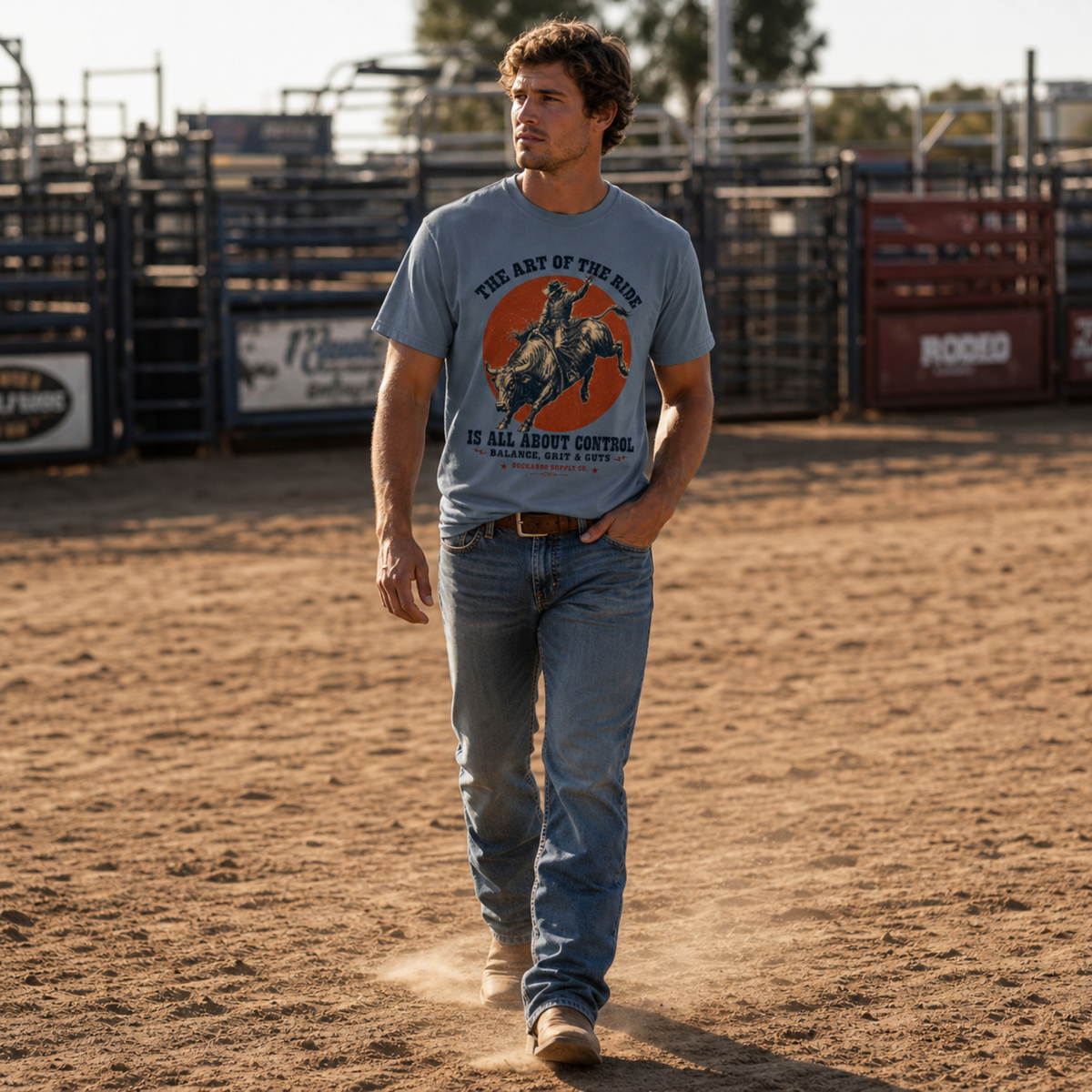 Blue Jean bull rider graphic T-shirt being worn by a cowboy in a rodeo setting