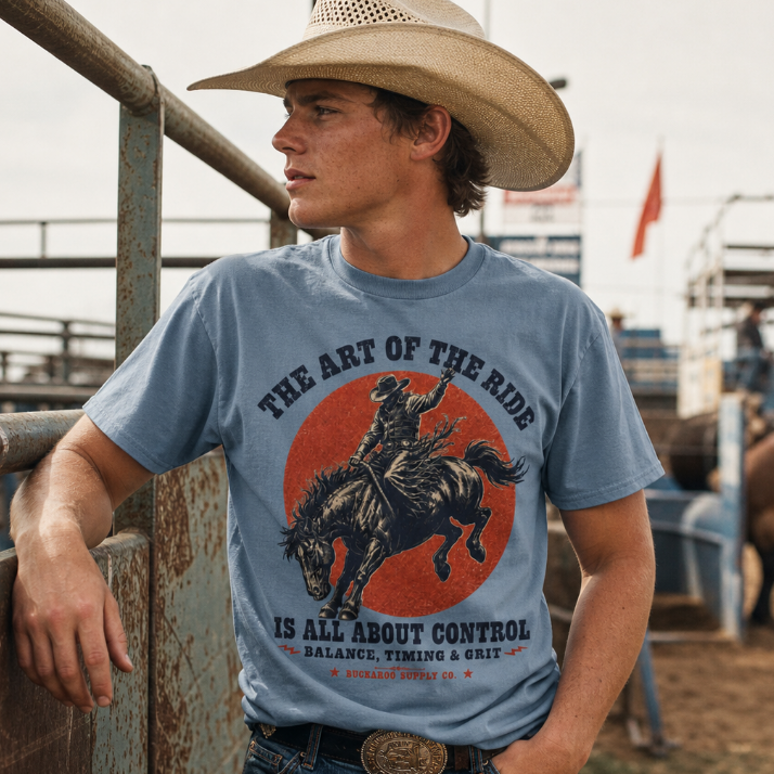 Cowboy wearing blue The Art of the Ride bronc rider Western T-shirt at a rodeo arena