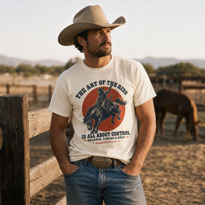 Cowboy wearing ivory Buckaroo Supply Co. Art of the Ride bronc rider T-shirt