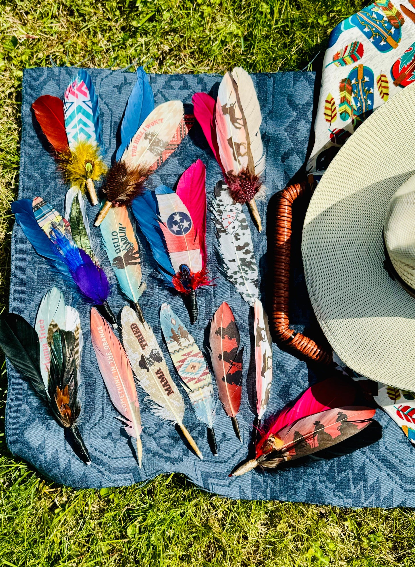 Handcrafted Riders in the Sky feather accessory for Western hat bands