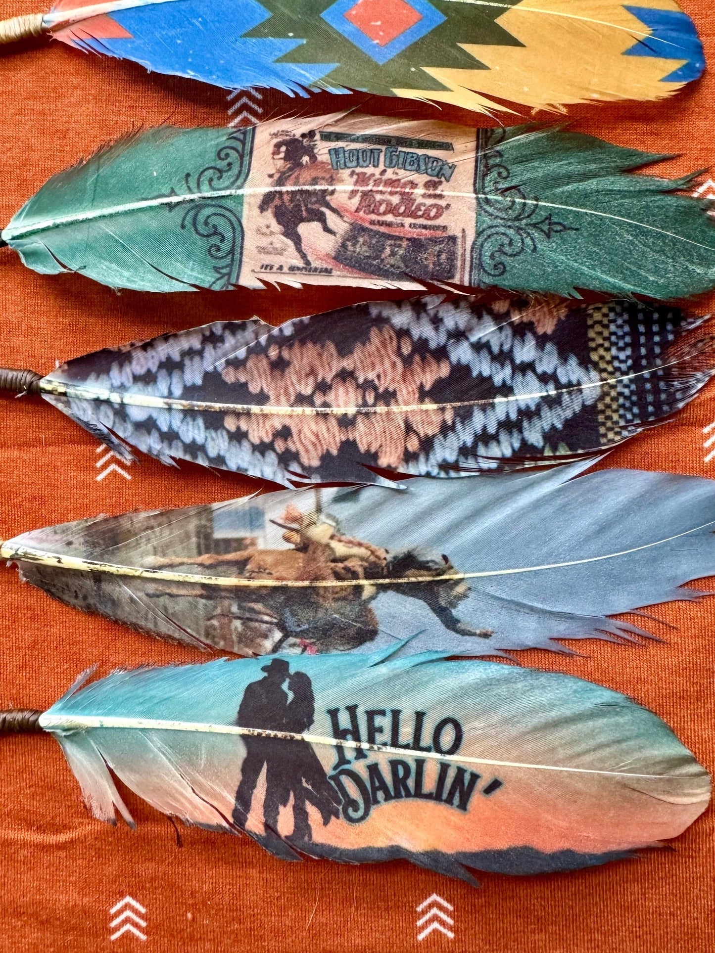 Handcrafted Hello Darlin’ feather accessory for Western hat bands