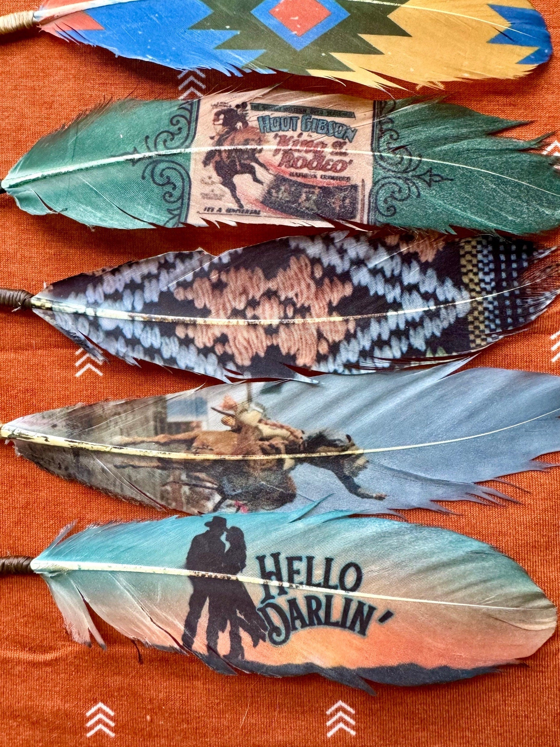 Handcrafted Hello Darlin’ feather accessory for Western hat bands