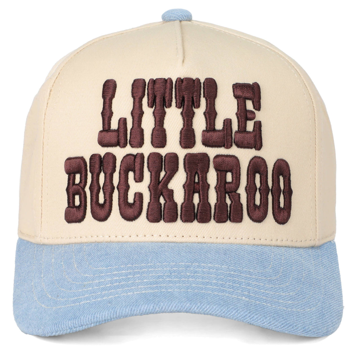 Little Buckaroo kids’ snapback hat with cream crown, light blue brim and embroidered lettering