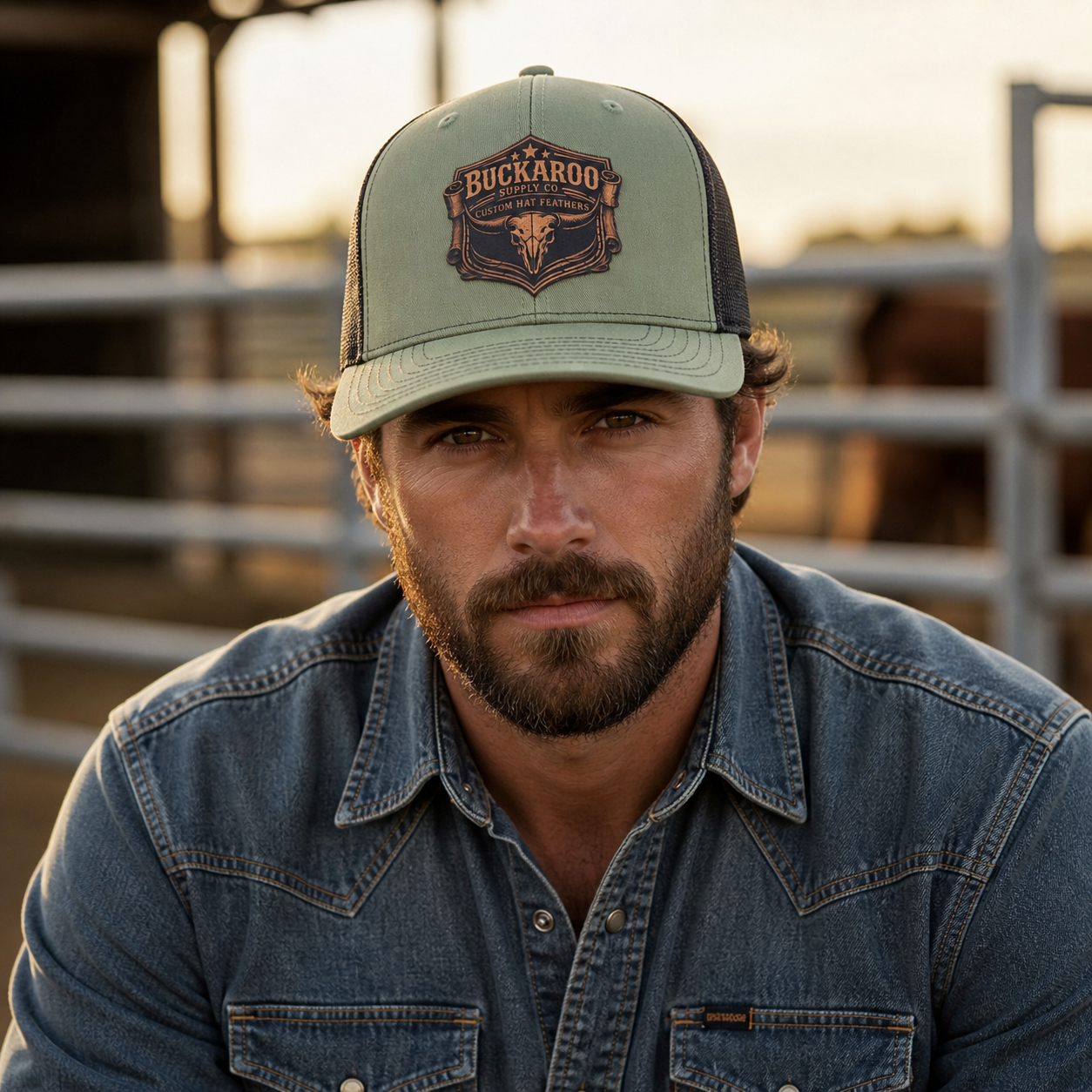 Man wearing a 'Buckaroo' cap with a sunset background. Loden (sage) Green and black Richardson 112 cap with Buckaroo Supply Co logo.