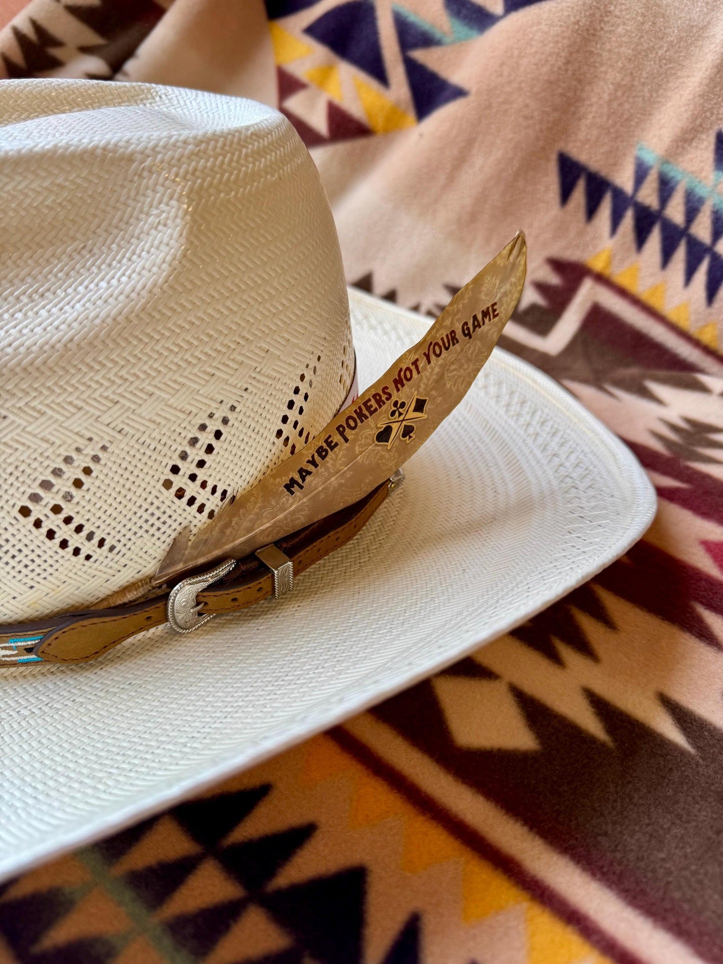 Handcrafted Maybe Pokers Not Your Game feather accessory for Western hat bands