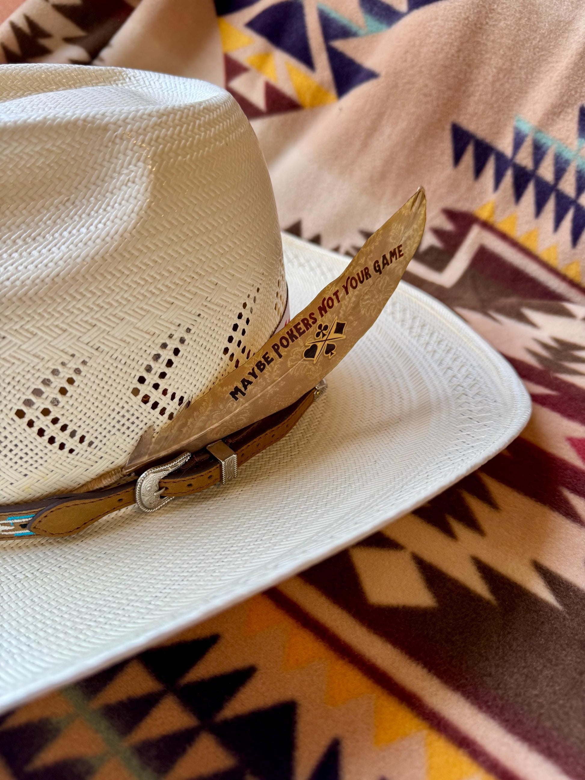 Handcrafted Maybe Pokers Not Your Game feather accessory for Western hat bands
