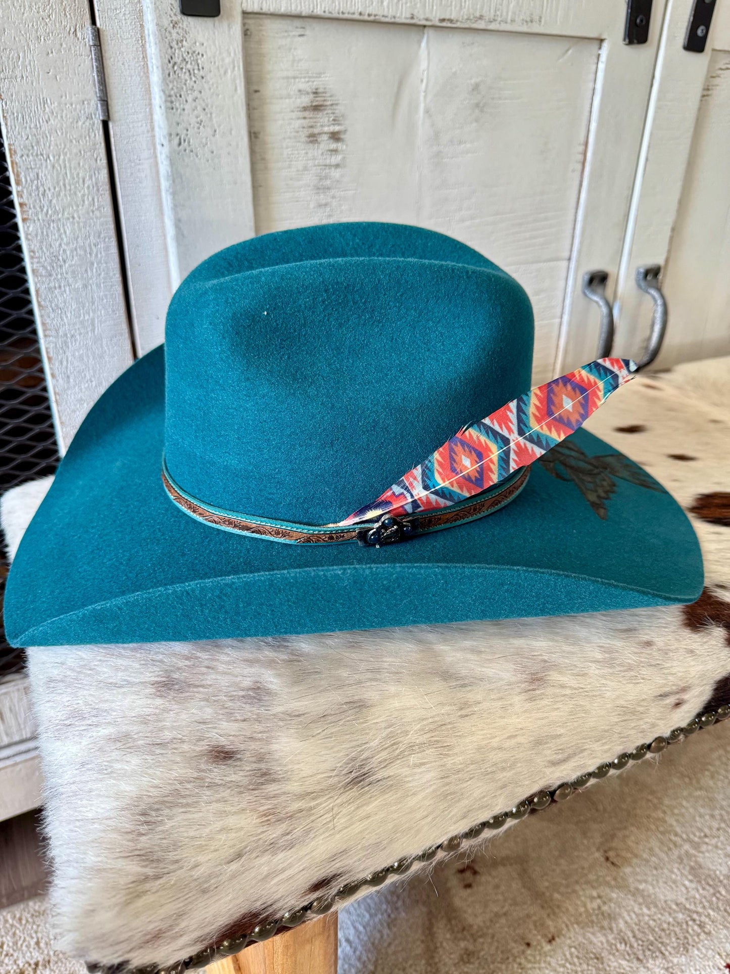 Western Eye Western hat feather on a turquoise cowboy hat