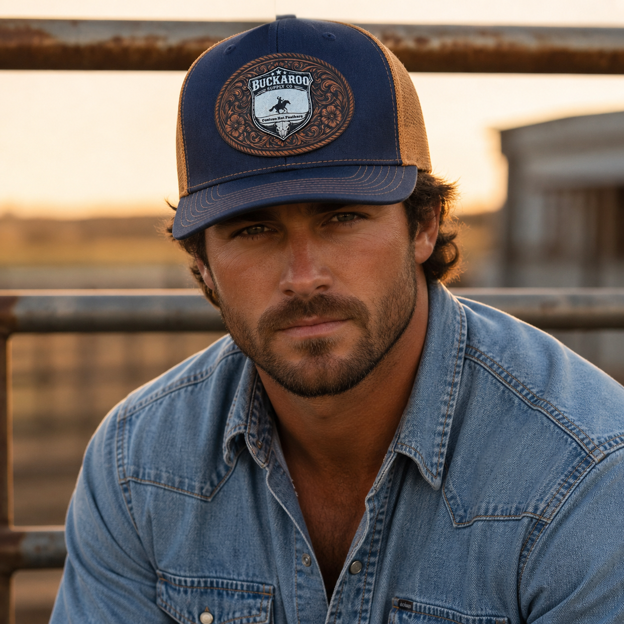 Man wearing a blue and brown cap with a logo, sitting outdoors. Navy and Camel Richardson 112 Western Trucker Hat with Buckaroo Supply Co. logo.