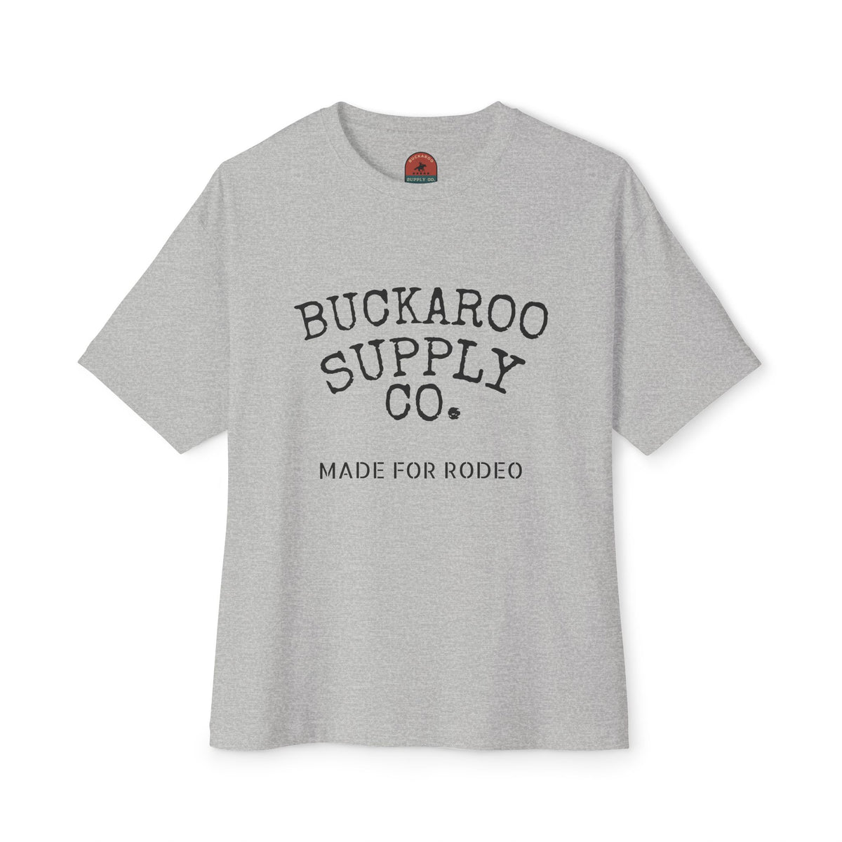Heather gray Made for Rodeo oversized Western T-shirt with black Buckaroo Supply Co. graphic