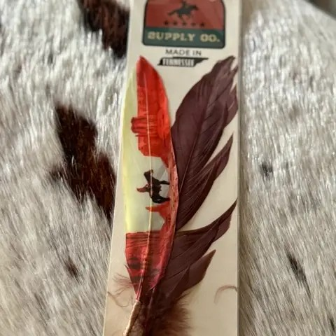 Desert Cowboy hat feather with Western desert artwork in warm red and cream tones