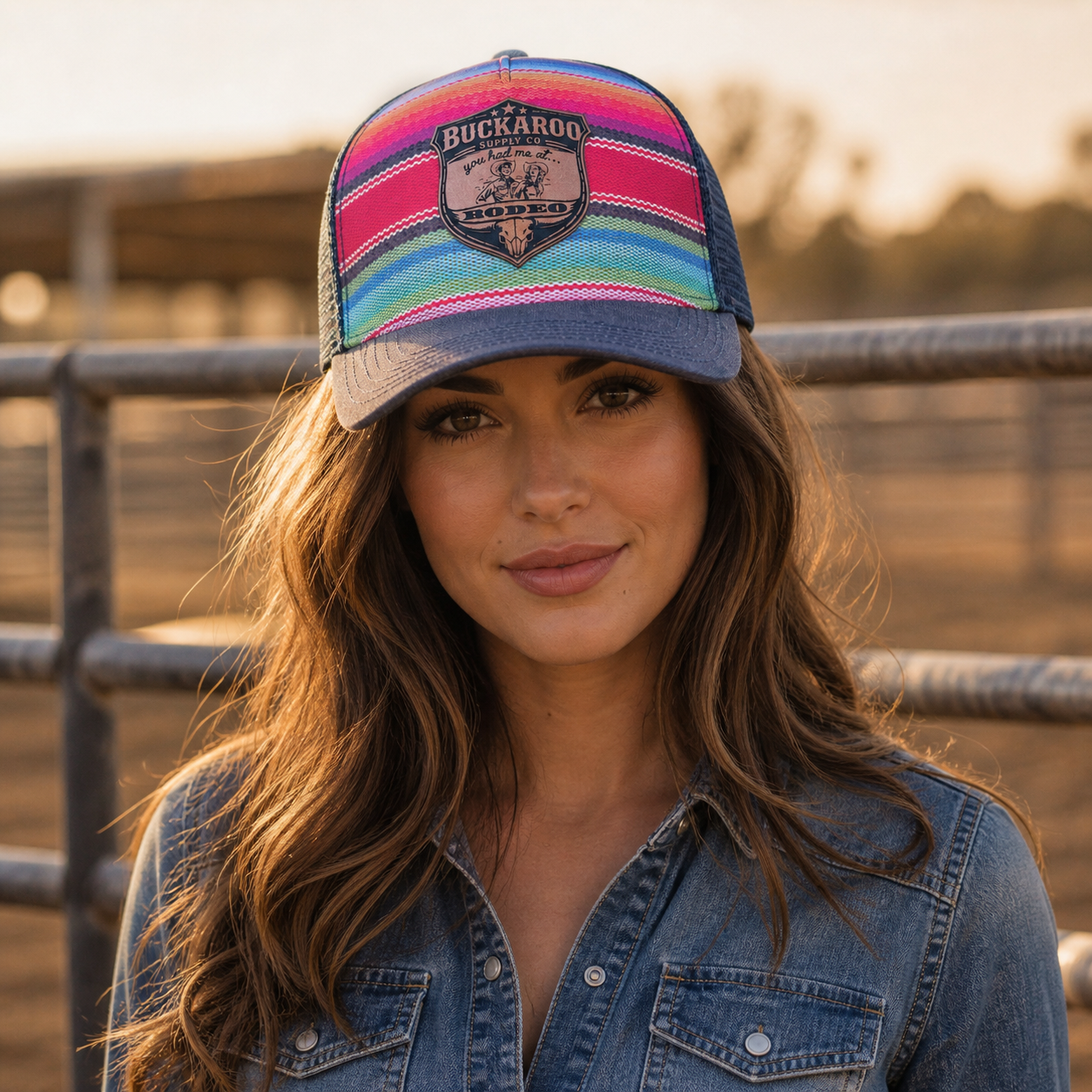 Woman wearing a colorful striped cap with a brand logo, standing in front of a metal fence. Colorful serape striped trucker hat with a Buckaroo Supply Co logo.