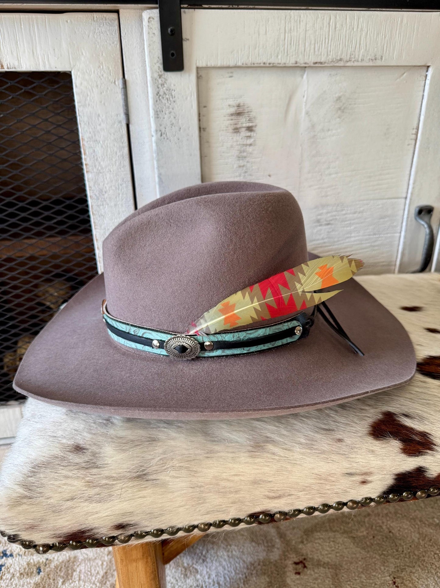 Desert Wash Western hat feather on a gray felt cowboy hat