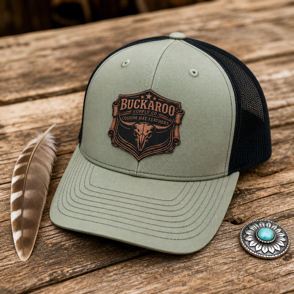 Green and black cap with 'Buckaroo Supply Co' logo on a wooden surface with feather and concho. Loden (sage) Green and black Richardson 112 cap with Buckaroo Supply Co logo.