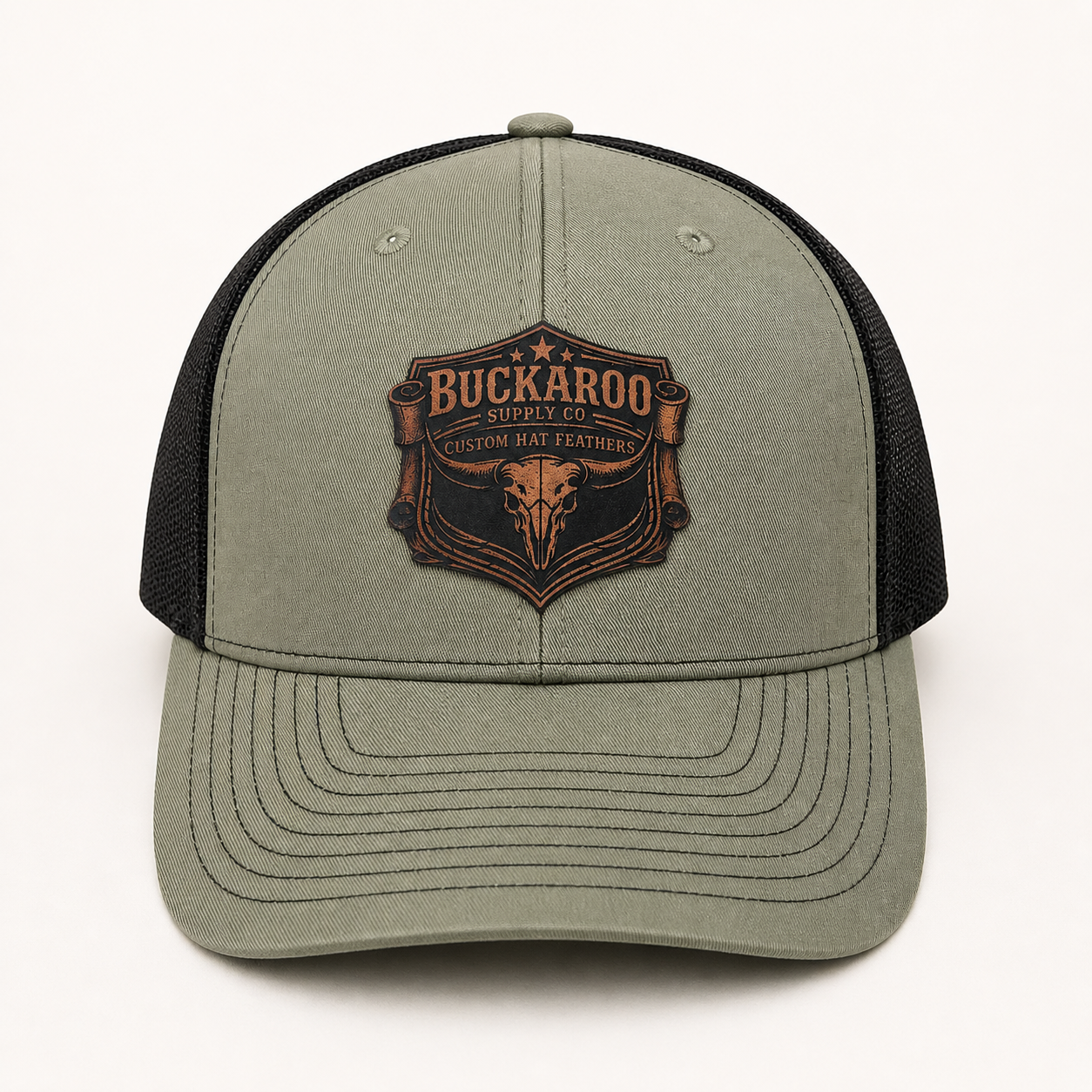 Loden (sage) Green and black Richardson 112 cap with Buckaroo Supply Co logo on a white background