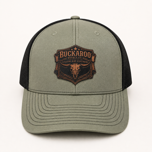 Loden (sage) Green and black Richardson 112 cap with Buckaroo Supply Co logo on a white background