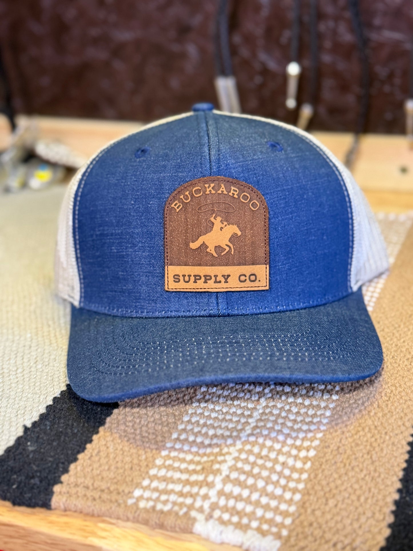 Buckaroo Leather Patch Denim Western trucker hat with cream mesh back