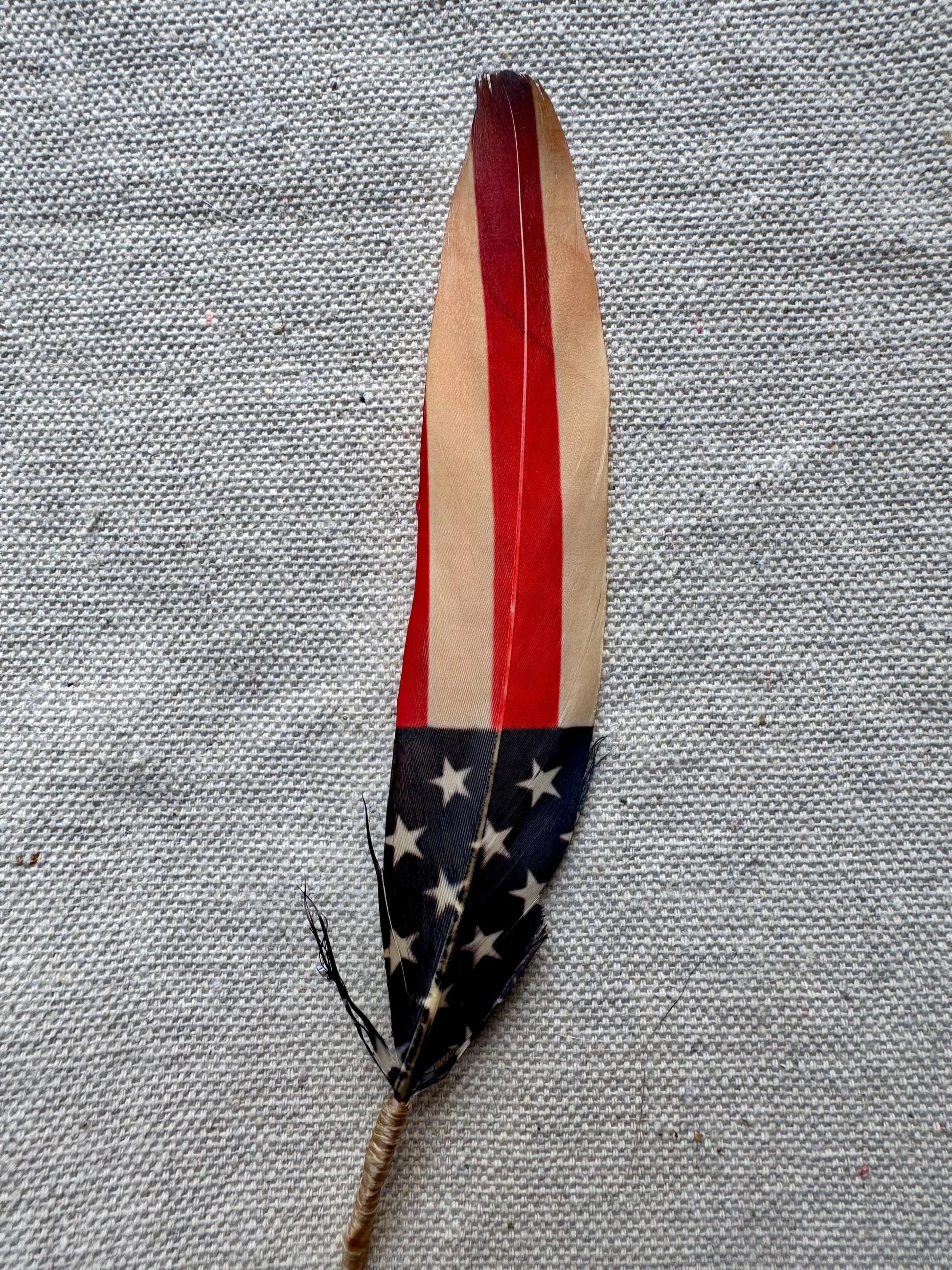 Feather with American flag design on a gray fabric background