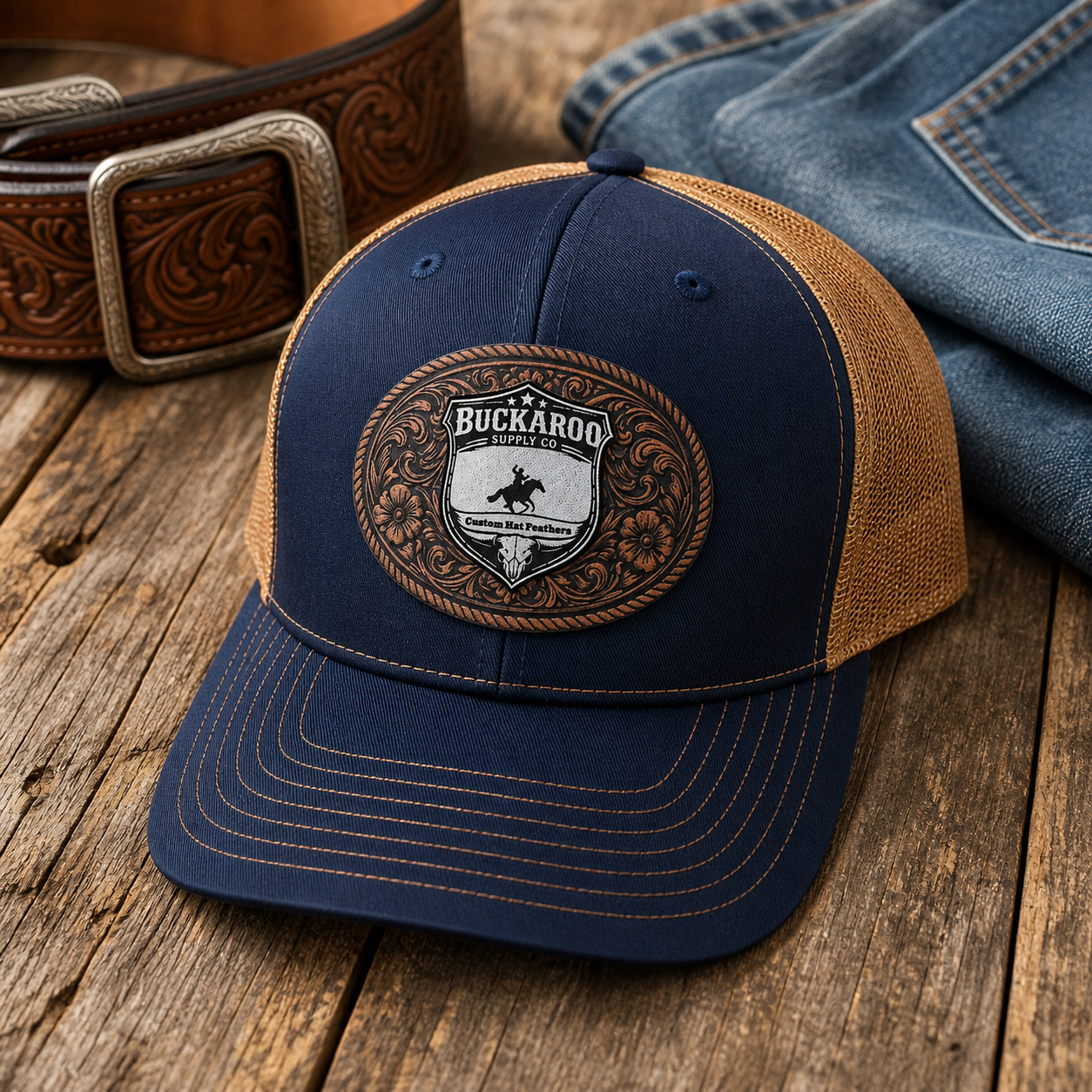 Navy and brown cap with leather patch on a wooden surface, next to jeans and a belt.