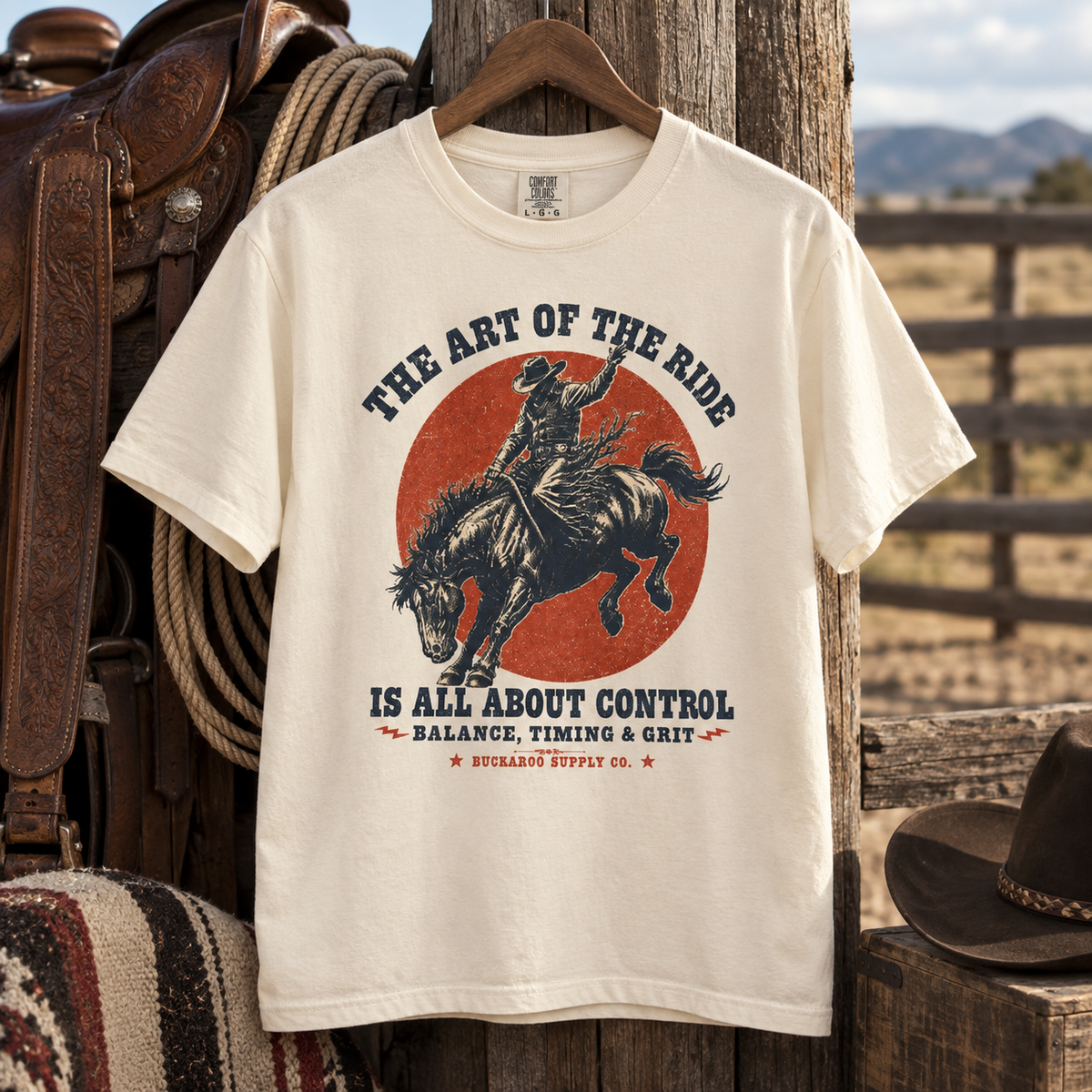 Ivory The Art of the Ride bronc rider T-shirt displayed with Western saddle and ranch gear
