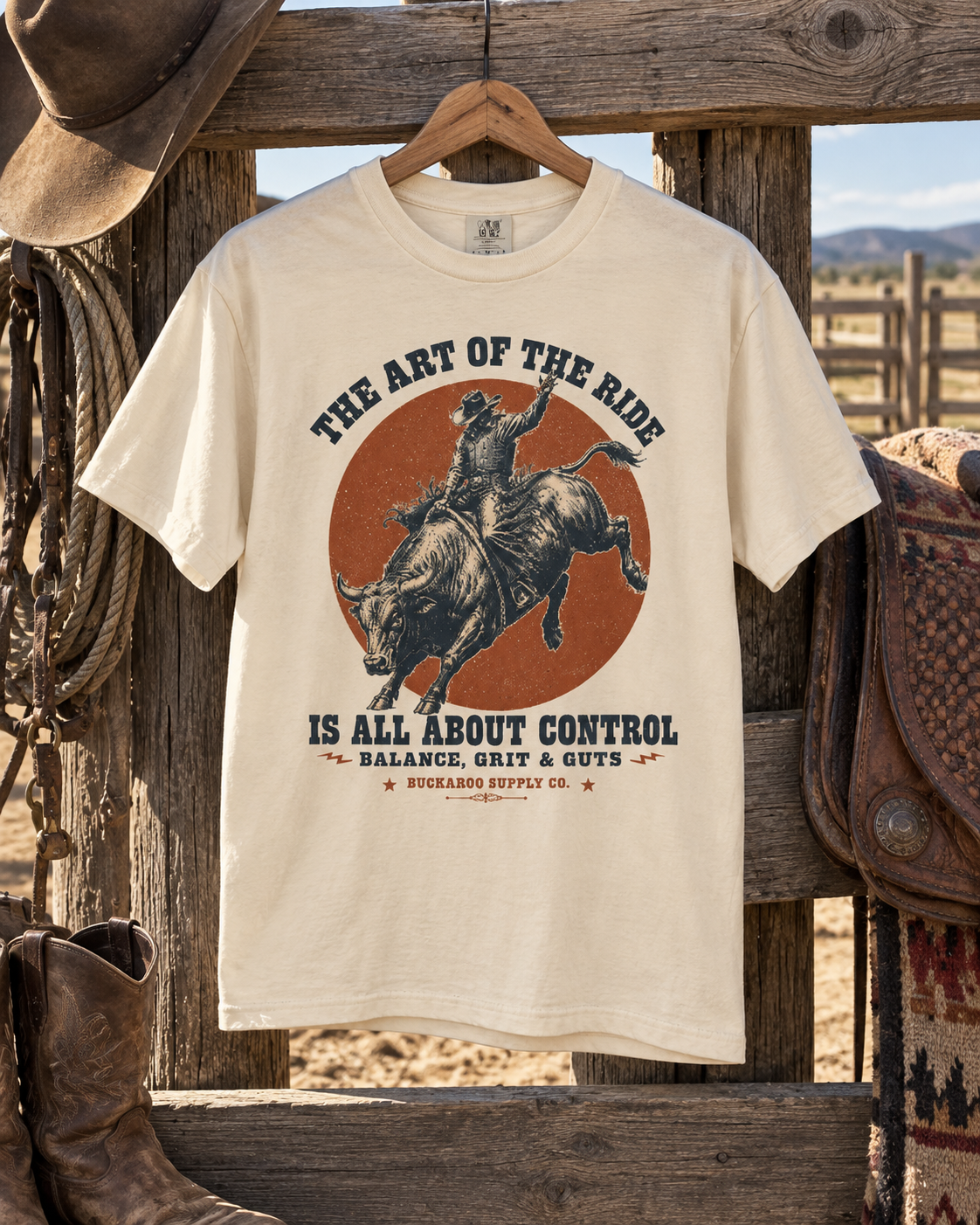 Ivory bull rider Western T-shirt displayed with cowboy hat, saddle and ranch gear