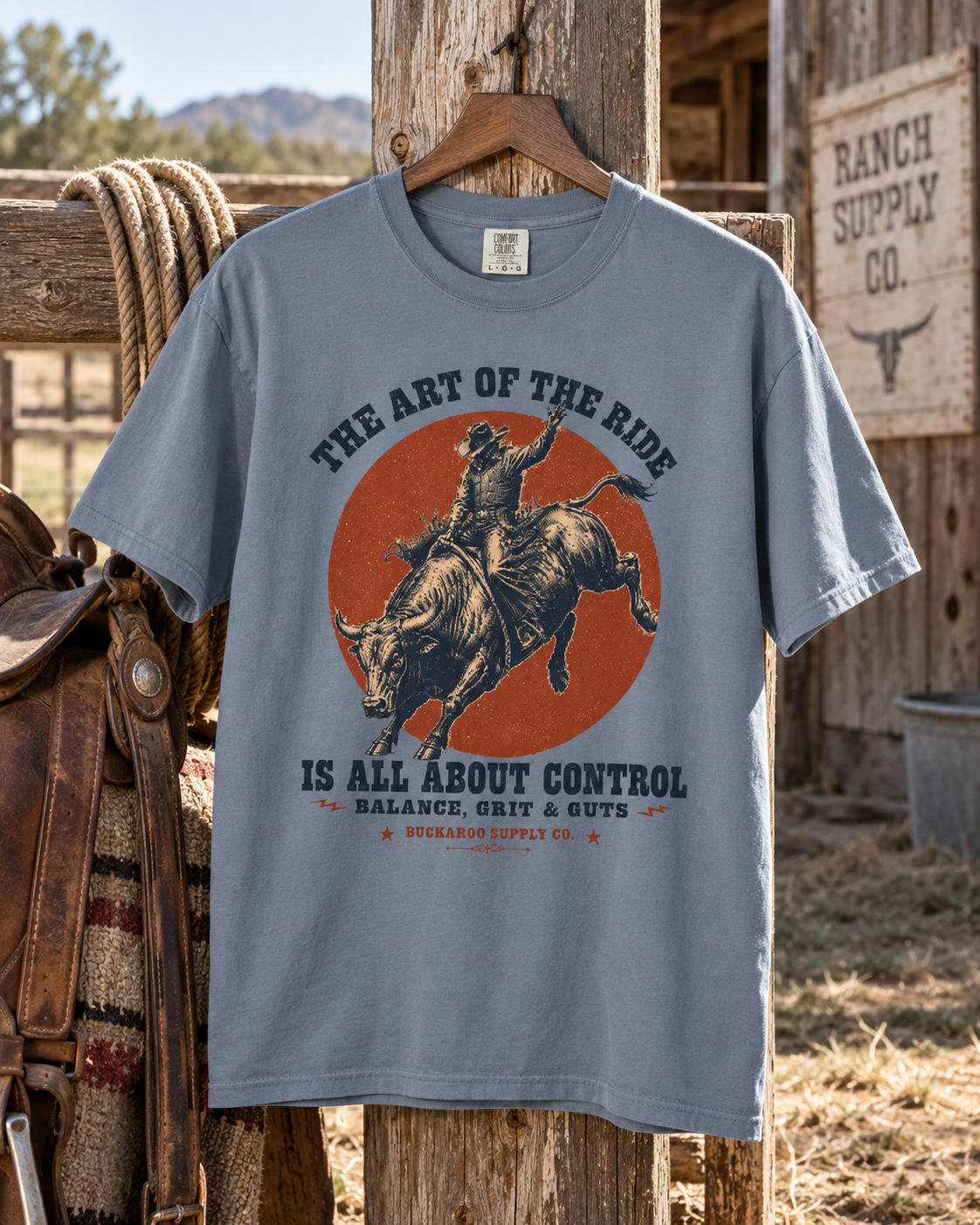 Blue Jean bull rider Western graphic T-shirt with vintage rodeo artwork