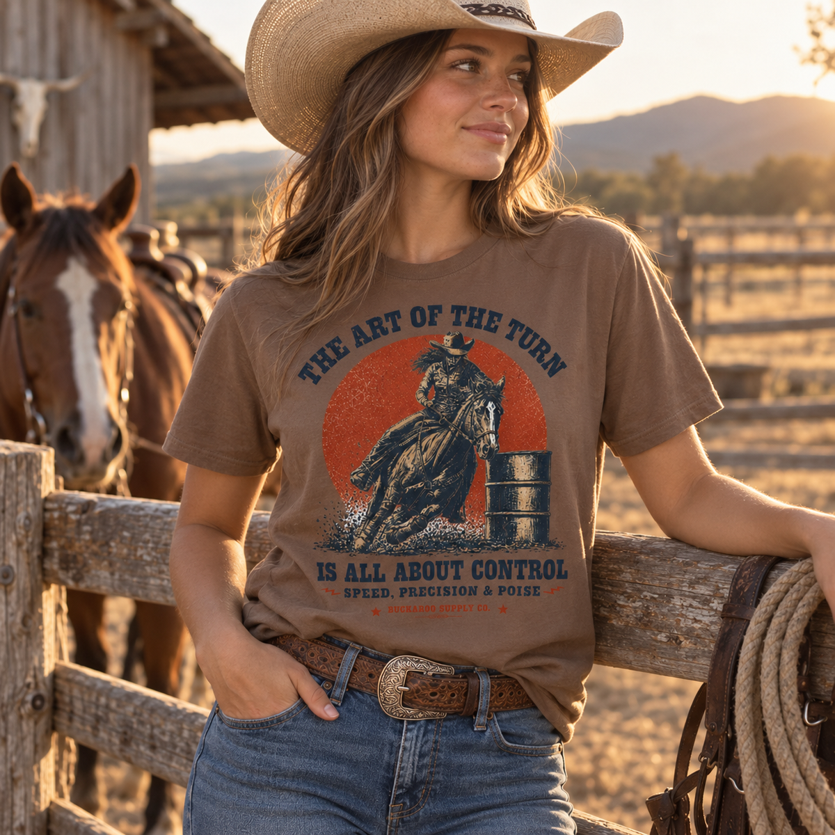 Cowgirl wearing brown Art of the Turn barrel racing Western T-shirt at a ranch