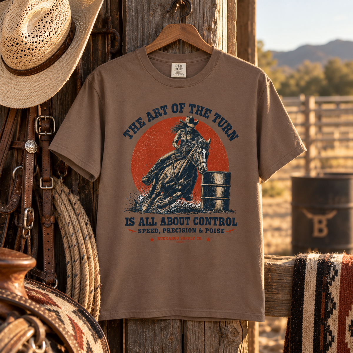 Brown barrel racing graphic T-shirt displayed with Western ranch gear