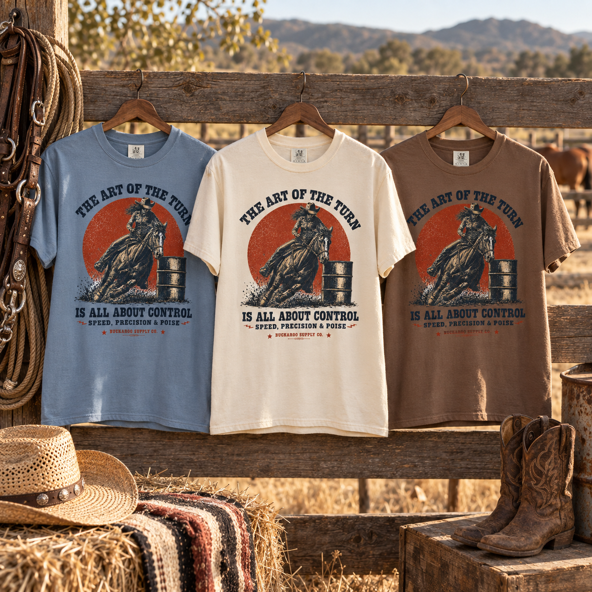 Blue ivory and brown Art of the Turn barrel racing Western T-shirts displayed together