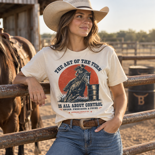 The Art of the Turn barrel racing Western T-shirt in ivory with vintage cowgirl rodeo graphic from Buckaroo Supply Co.