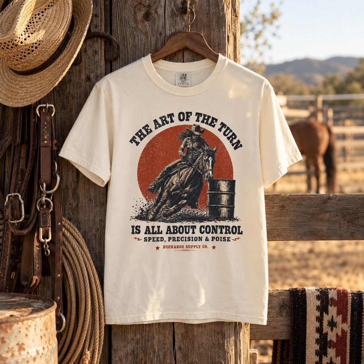 The Art of the Turn barrel racing Western T-shirt in ivory with vintage cowgirl rodeo graphic