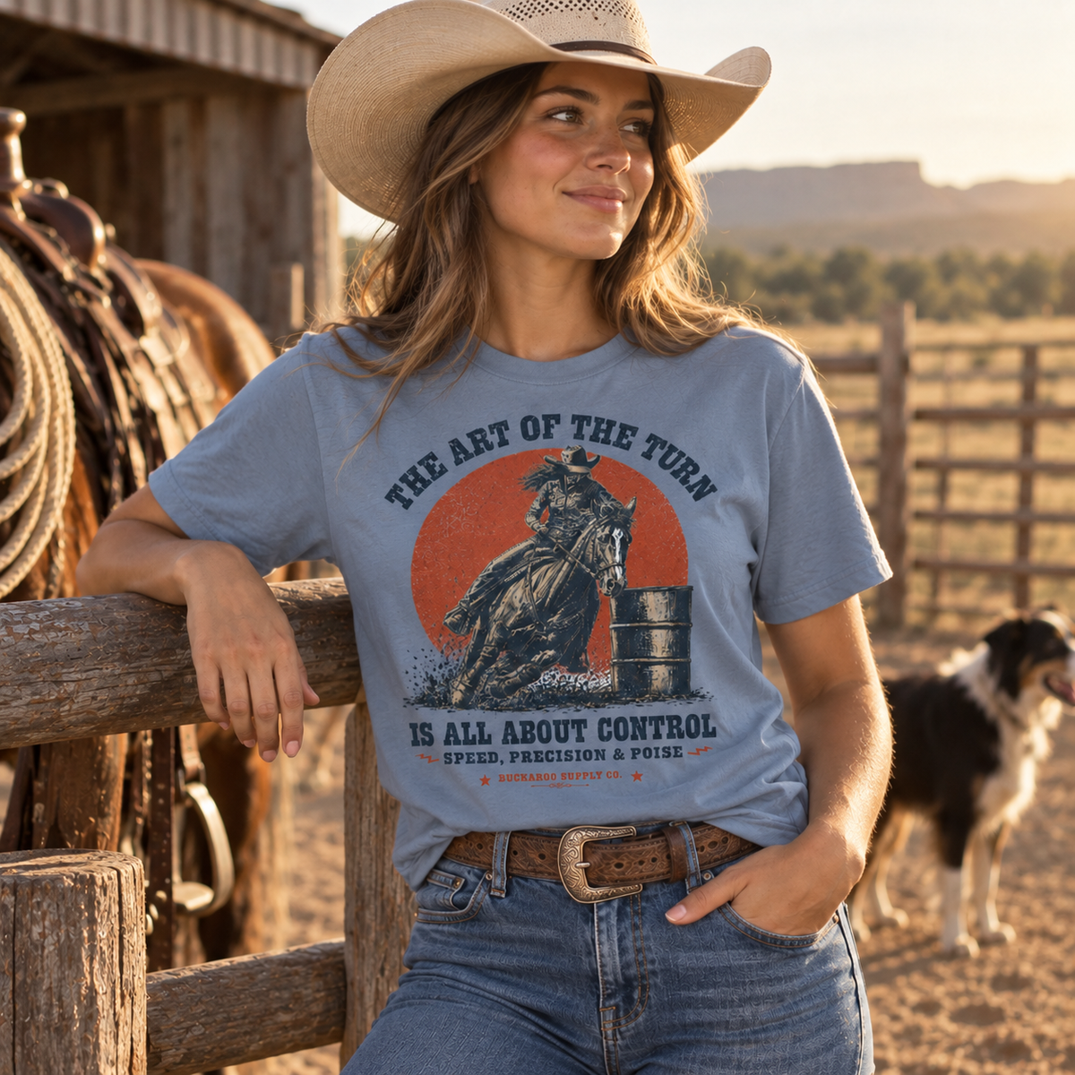 Cowgirl wearing blue Art of the Turn barrel racing Western graphic T-shirt