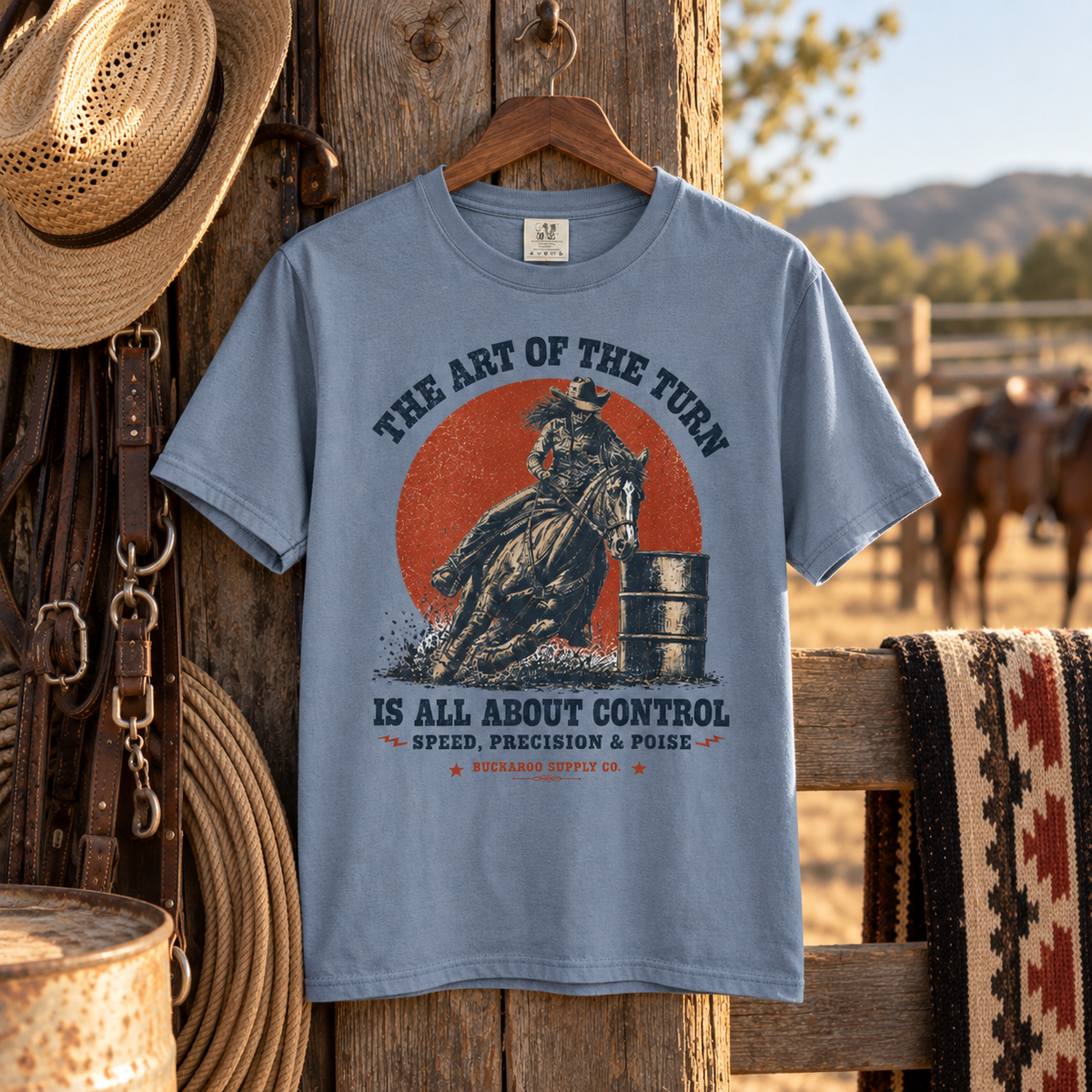 Blue barrel racing Western T-shirt hanging in a rustic ranch setting