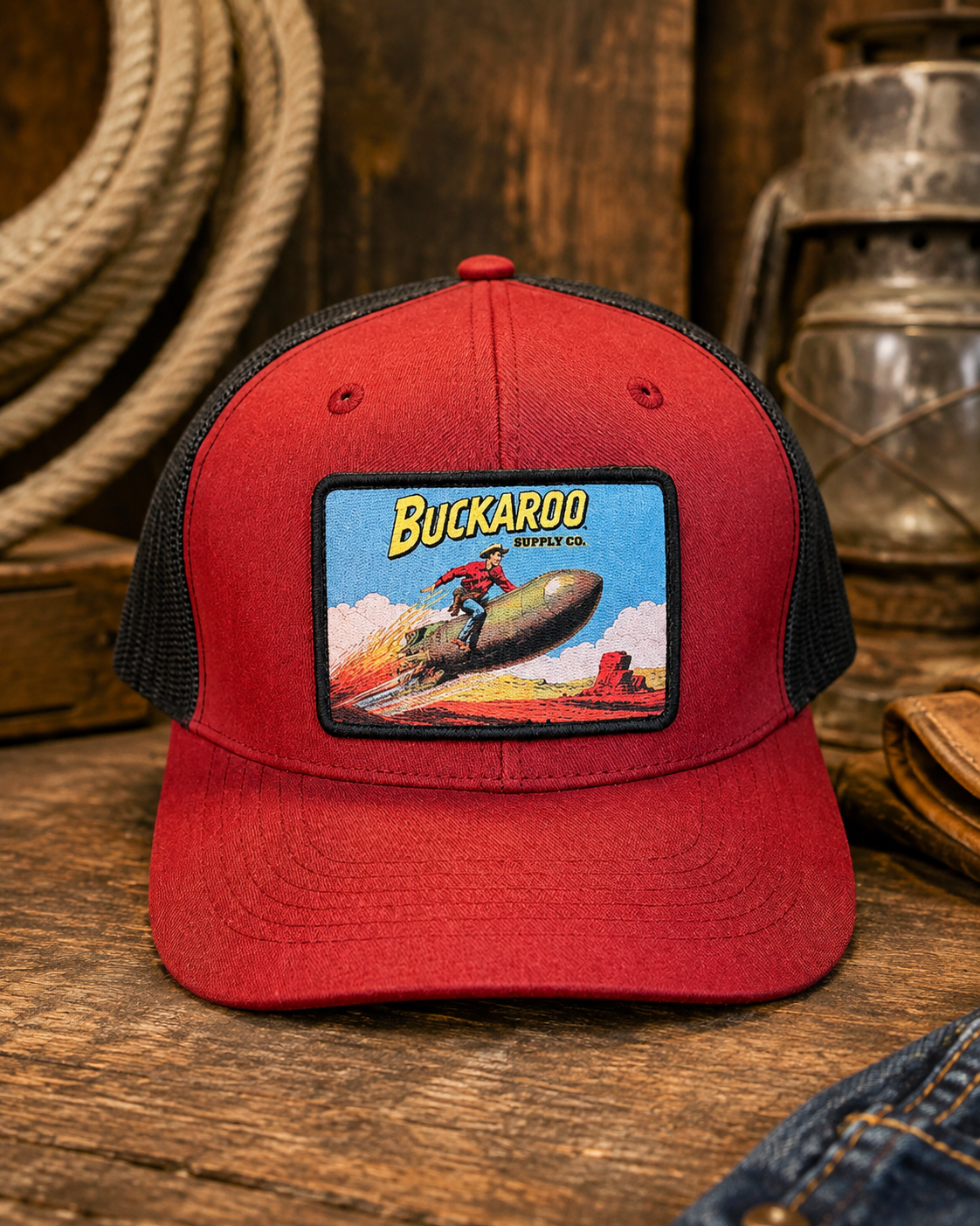 A red trucker hat with black mesh back panels and a rectangular front patch reading 'BUCKAROO SUPPLY CO.' with a cowboy riding a horse.