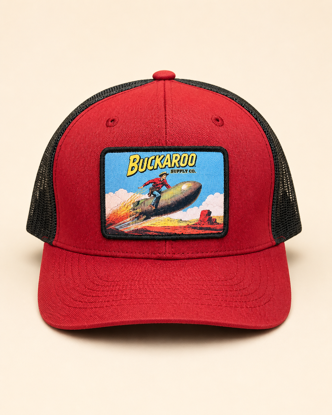 Atomic Buckaroo Western trucker hat in wine and black with colorful patch
