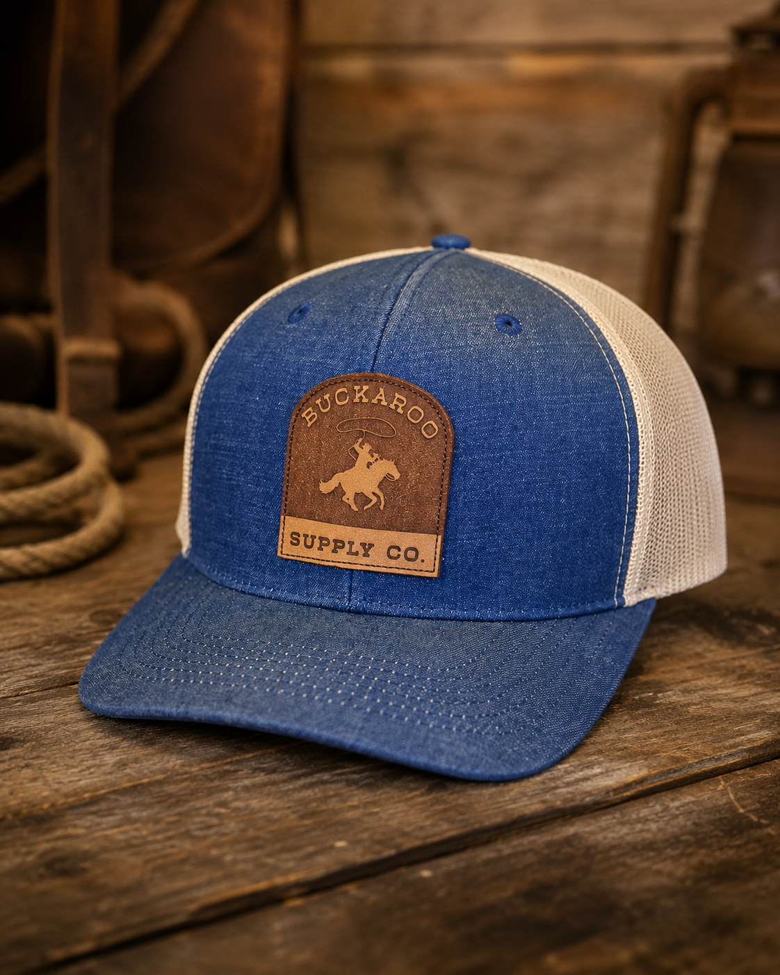 Buckaroo Leather Patch Denim Western trucker hat with cream mesh back