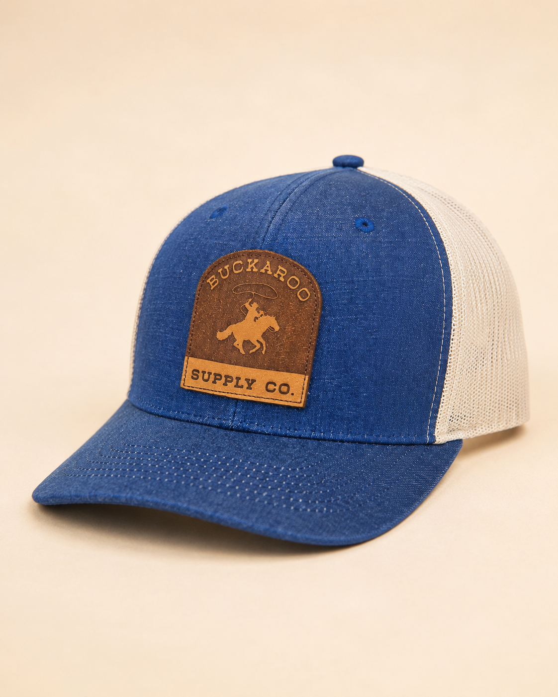 Buckaroo Supply Co. denim leather patch cap with Western cowboy logo